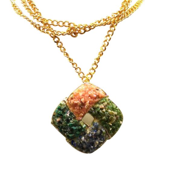 Vintage Cathe Gravel Pendant Brooch Necklace, Pink, Green and Blue on Gold Tone - Picture 1 of 6